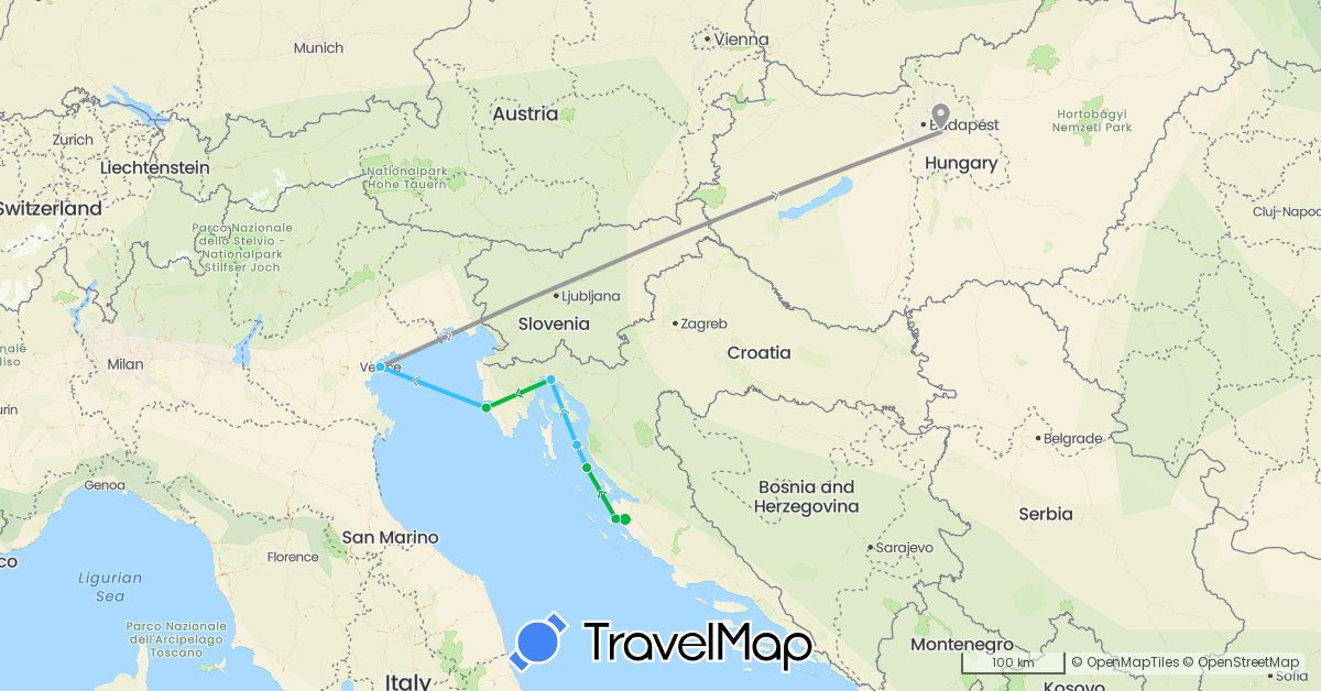 TravelMap itinerary: driving, bus, plane, boat in Croatia, Hungary, Italy (Europe)
